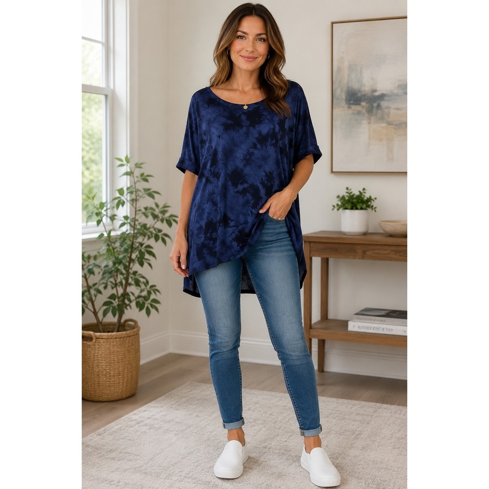 Tahari Tie Dye Top M Blue Short Sleeves Boho Comfy Oversized Casual High Low